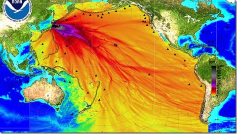 Mapa da radiação nuclear espalhada, a partir de Fukushima, no Oceano Pacífico.