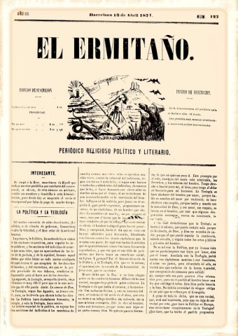 A política e a teologia, El Ermitaño nº 127, 18 de abril de 1871.