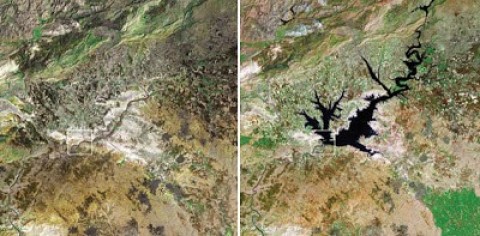 Rio Eufrates - Fotos de satélite tirada em 1999 à esquerda e em 1976 à direita