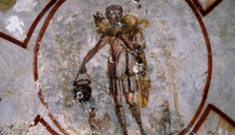 O BOM PASTOR, tal como representado na Catacumba de Calixto, em Roma. Século III.