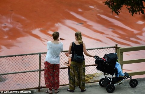 Duas mães e seus filhos observam o %u201CMar Vermelho%u201D da praia de Bondi, em Sydney.