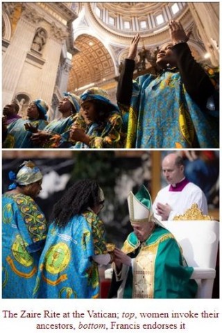 O Rito do Zaire no Vaticano; acima, as mulheres invocam seus ancestrais; abaixo, Francisco o endossa.
