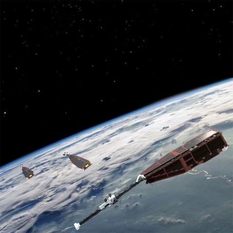 Satélites Swarm (conhecidos como constelação Swarm) orbitando a Terra.