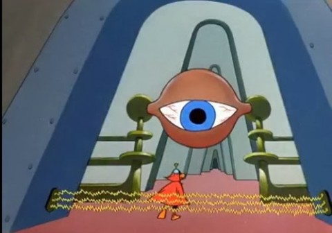 Programa de los 60s Duck Doggers muestra el ojo de Horus en una nave espacial triangular.
