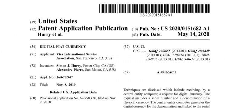 O USPTO publicou o pedido de patente da Visa para moeda digital digital em 14 de maio; foi arquivado em 8 de novembro de 2019. Fonte: Depósito de patentes de criptografia da Visa no USPTO.