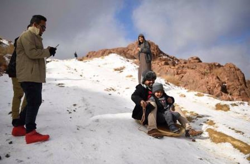Moradores curtem a neve em região desértica saudita Foto: Reprodução/Twitter(@SCTHKSA)