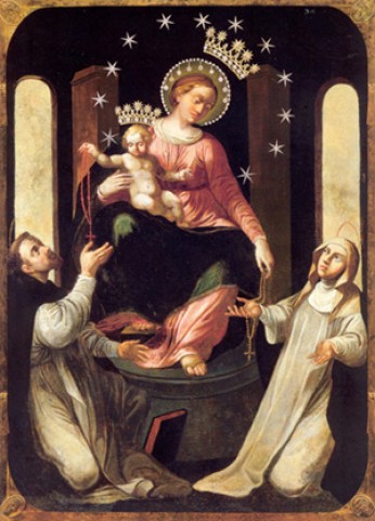A imagem de Nossa Senhora de PompÃ©ia com S. Domingos e S. Catarina.