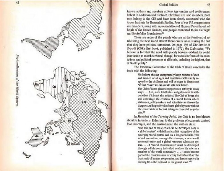 Desenho da configuração mundial proposta pelo relatório elaborado pelo Clube de Roma, em 1973.  Livro %u201CEn Route to Global Occupation%u201D, pg.42